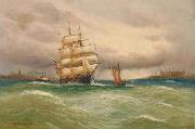 Alfred Jensen Marine mit Segelbooten, im Hintergrund Stadtsilhouette. Spain oil painting artist